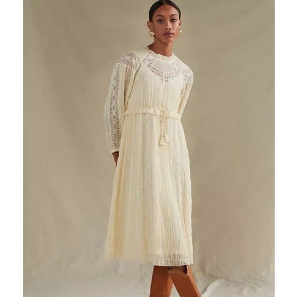 AnthropologieIvory Pleated Lace Midi By Let Me Be Casual Maxi Dress